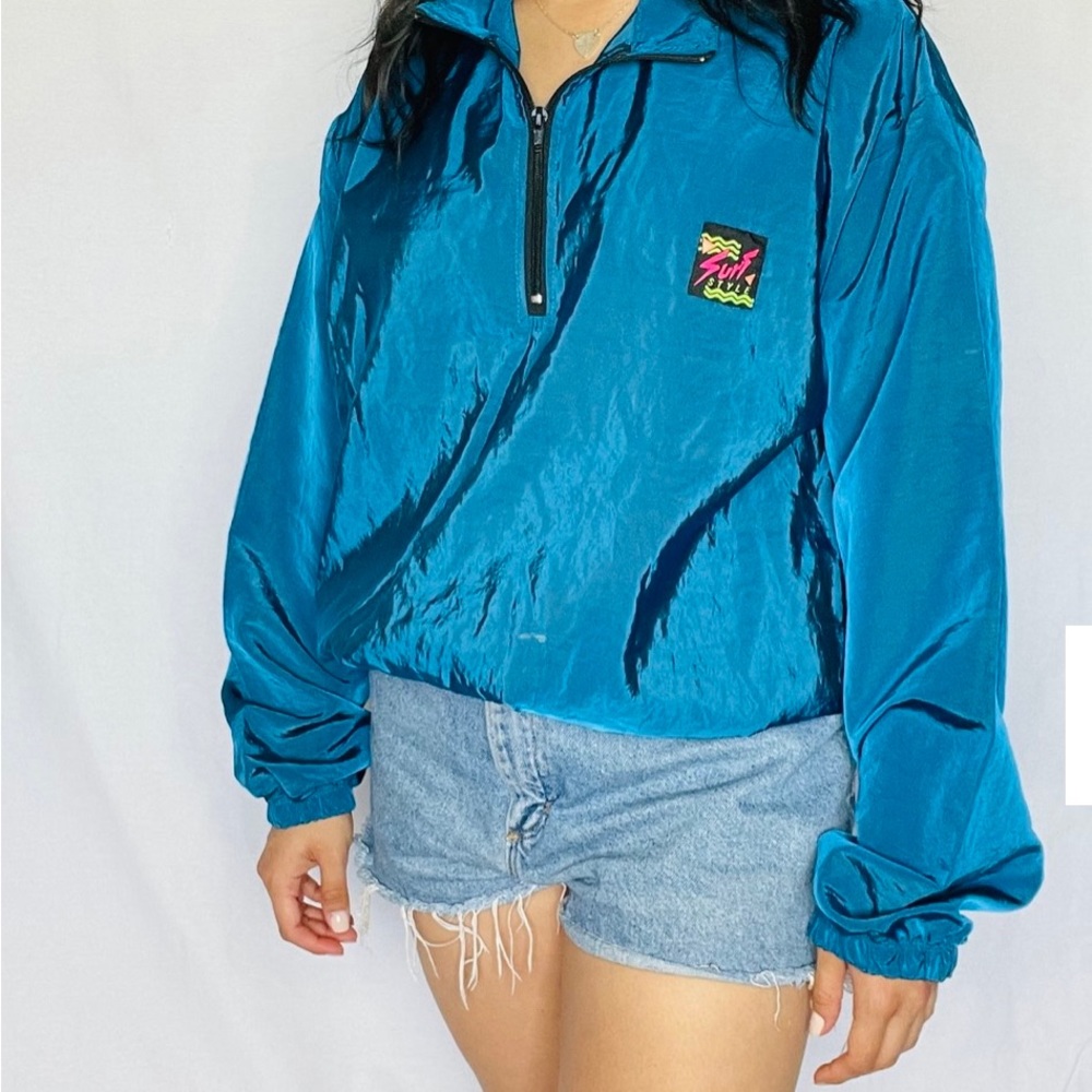 Vintage Retro Teal 90's Surf Style Windbreaker Reflective Jacket